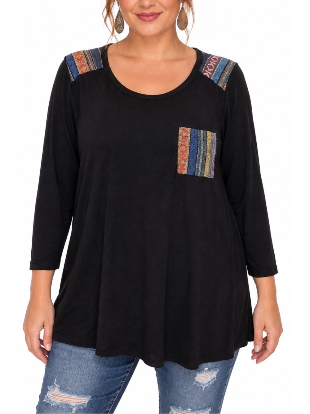 Moa Moa Black long-sleeve tunic top with colorful woven geometric accents